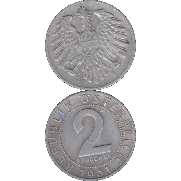 Münze aus Österreich 2 Groschen 1951, Farbe-Color, Vorderseite und Rückseite untereinander.png Quadratbild