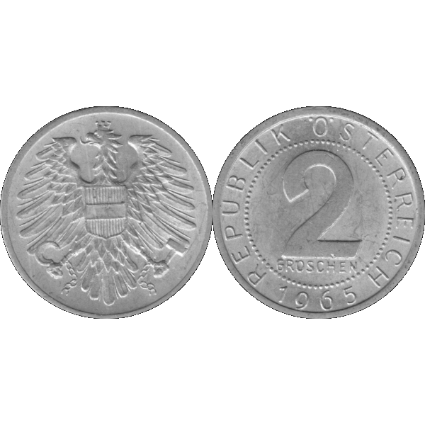 Münze aus Österreich 2 Groschen 1965, Graustufen Vorderseite und Rückseite nebeneinander.png Quadratbild