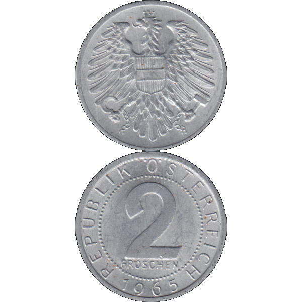 Münze aus Österreich 2 Groschen 1965, Farbe-Color, Vorderseite und Rückseite untereinander.png Quadratbild