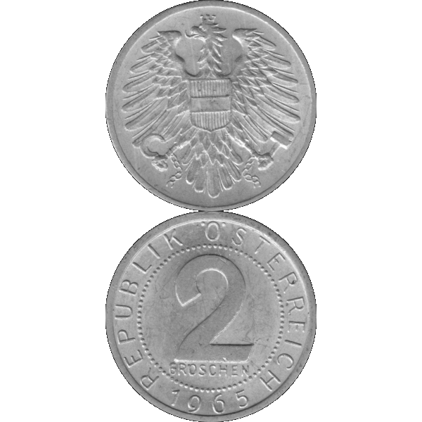 Münze aus Österreich 2 Groschen 1965, Graustufen Vorderseite und Rückseite untereinander.png Quadratbild