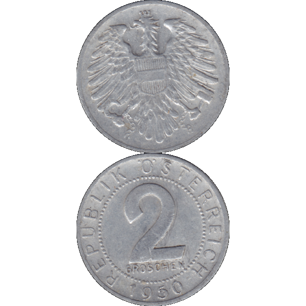 Münze aus Österreich 2 Groschen 1950, Farbe-Color, Vorderseite und Rückseite untereinander.png Quadratbild