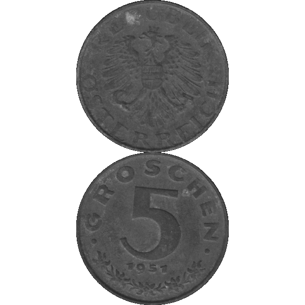 Münze aus Österreich 5 Groschen 1951, Graustufen Vorderseite und Rückseite untereinander.png Quadratbild