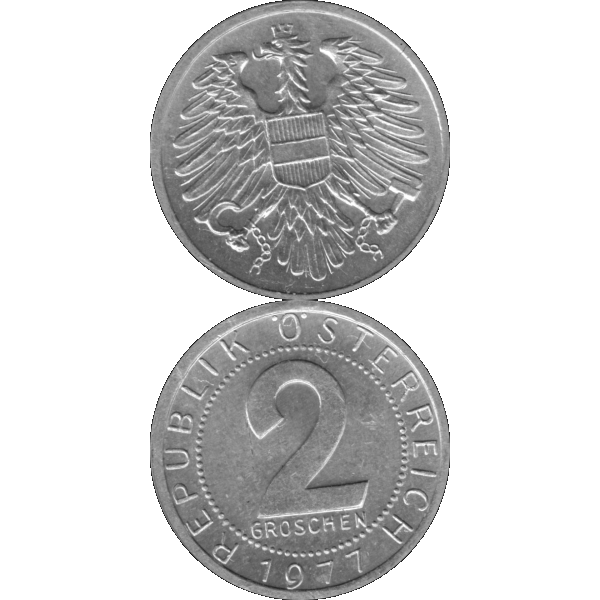 Münze aus Österreich 2 Groschen 1977, Graustufen Vorderseite und Rückseite untereinander.png Quadratbild