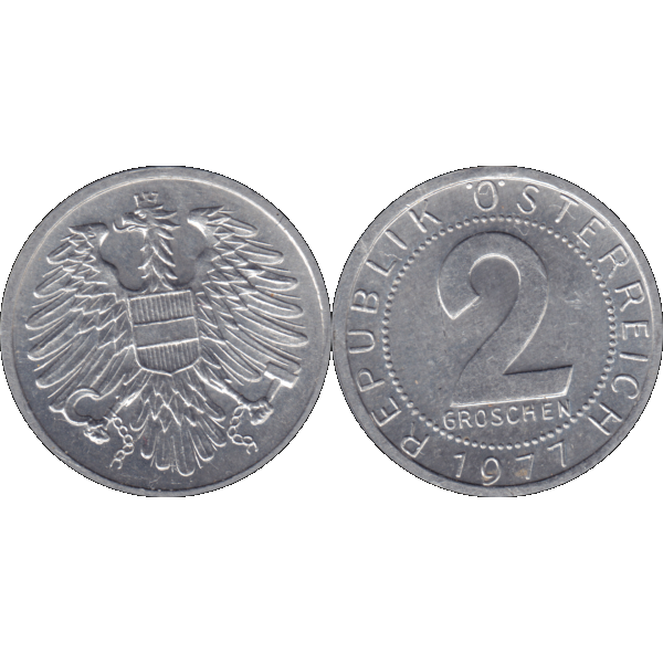 Münze aus Österreich 2 Groschen 1977, Farbe-Color, Vorderseite und Rückseite nebeneinander.png Quadratbild