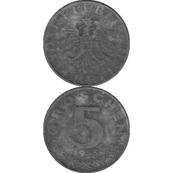 Münze aus Österreich 5 Groschen 1955, Graustufen Vorderseite und Rückseite untereinander.png Quadratbild
