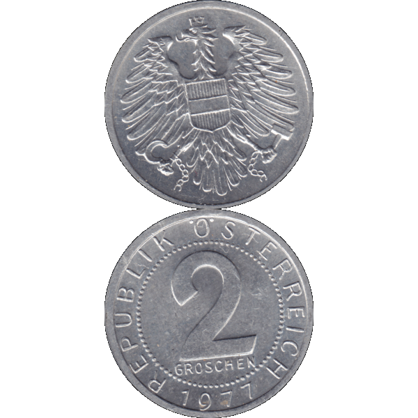 Münze aus Österreich 2 Groschen 1977, Farbe-Color, Vorderseite und Rückseite untereinander.png Quadratbild