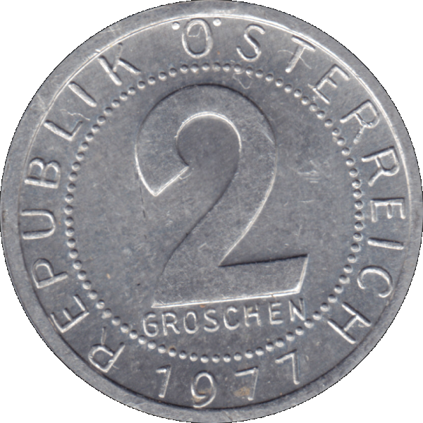 Münze aus Österreich 2 Groschen 1977, Farbe-Color, Rückseite mit Wert.png Quadratbild