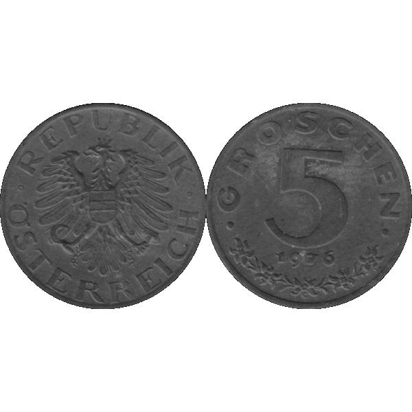 Münze aus Österreich 5 Groschen 1976, Graustufen Vorderseite und Rückseite nebeneinander.png Quadratbild
