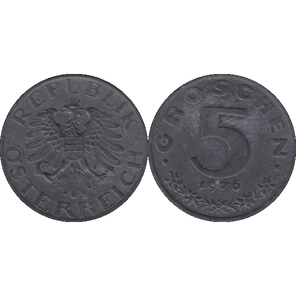 Münze aus Österreich 5 Groschen 1976, Farbe-Color, Vorderseite und Rückseite nebeneinander.png Quadratbild