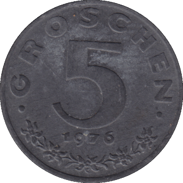 Münze aus Österreich 5 Groschen 1976, Farbe-Color, Rückseite mit Wert.png Quadratbild