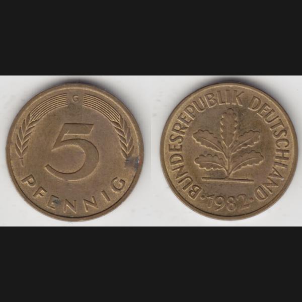 DM-Münzen der BRD, 5 Fünf Pfennig 1982 G Mzz. Karlsruhe RS+VS.jpg Quadratbild