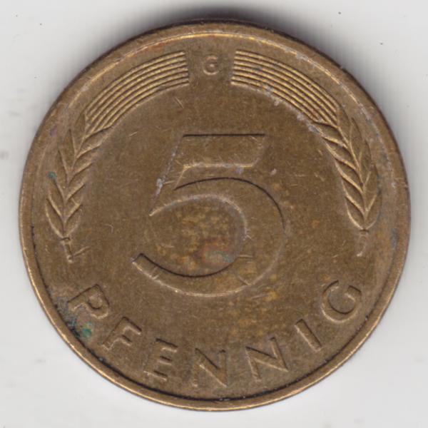 DM-Münzen der BRD, 5 Fünf Pfennig 1987 G Mzz. Karlsruhe Rückseite.jpg Quadratbild