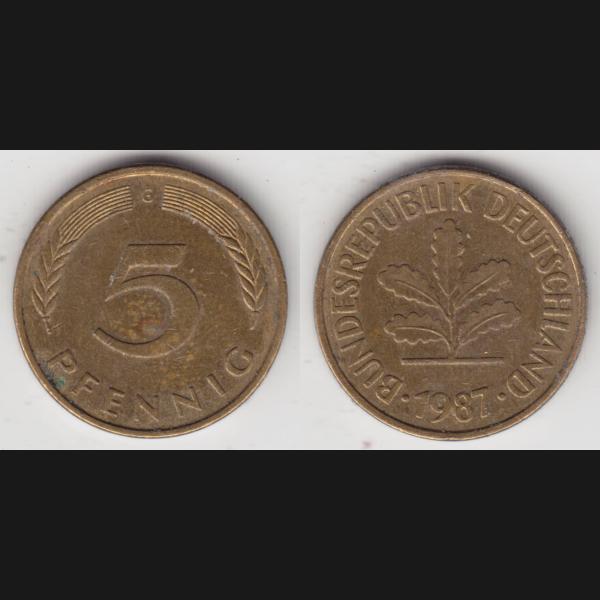 DM-Münzen der BRD, 5 Fünf Pfennig 1987 G Mzz. Karlsruhe RS+VS.jpg Quadratbild