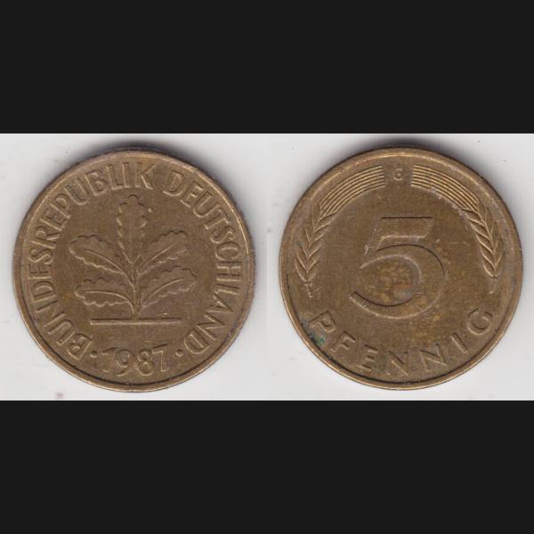 DM-Münzen der BRD, 5 Fünf Pfennig 1987 G Mzz. Karlsruhe VS+RS.jpg Quadratbild