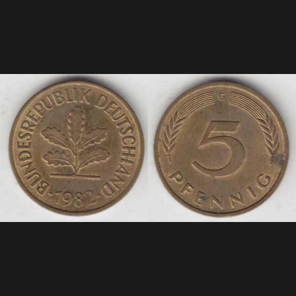 DM-Münzen der BRD, 5 Fünf Pfennig 1982 G Mzz. Karlsruhe VS+RS.jpg Quadratbild