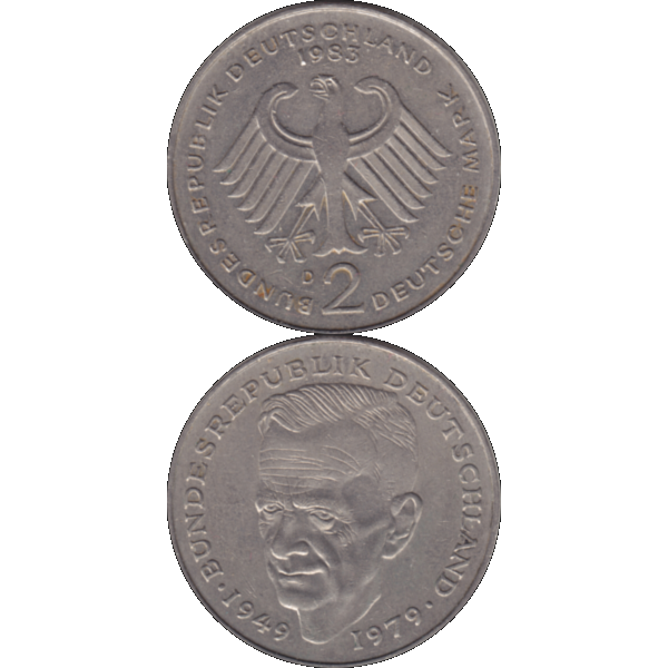 Münze der BRD Deutschland, Zwei 2 DM, Deutsche Mark Kurt Schumacher 1983 D Mzz. München RS+VS untereinander.png Quadratbild