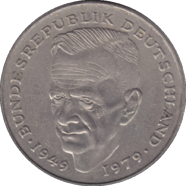 Münze der BRD Deutschland, Zwei 2 DM, Deutsche Mark Kurt Schumacher 1983 D Mzz. München Rückseite.png Quadratbild