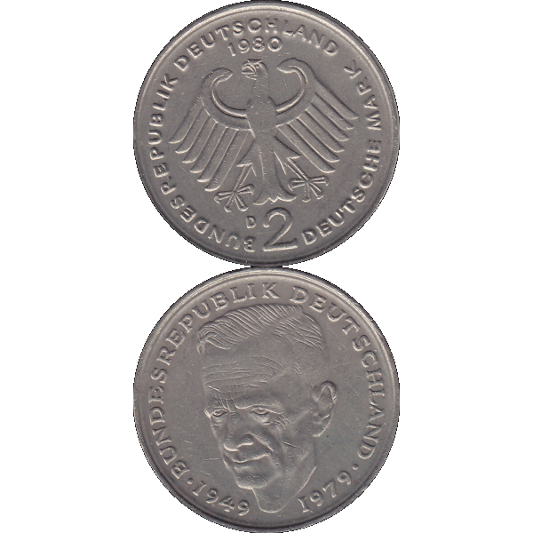 Münze der BRD Deutschland, Zwei 2 DM, Deutsche Mark Kurt Schumacher 1980 D Mzz. München RS+VS untereinander.png Quadratbild