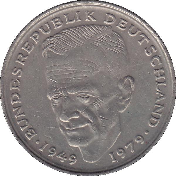 Münze der BRD Deutschland, Zwei 2 DM, Deutsche Mark Kurt Schumacher 1980 D Mzz. München Rückseite.png Quadratbild