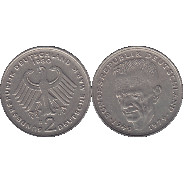 Münze der BRD Deutschland, Zwei 2 DM, Deutsche Mark Kurt Schumacher 1980 D Mzz. München RS+VS nebeneinander.png Quadratbild