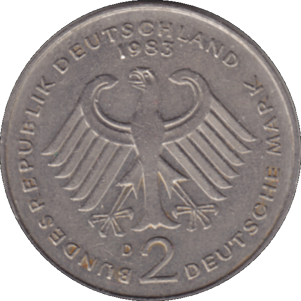 Münze der BRD Deutschland, Zwei 2 DM, Deutsche Mark Kurt Schumacher 1983 D Mzz. München Vorderseite.png Quadratbild