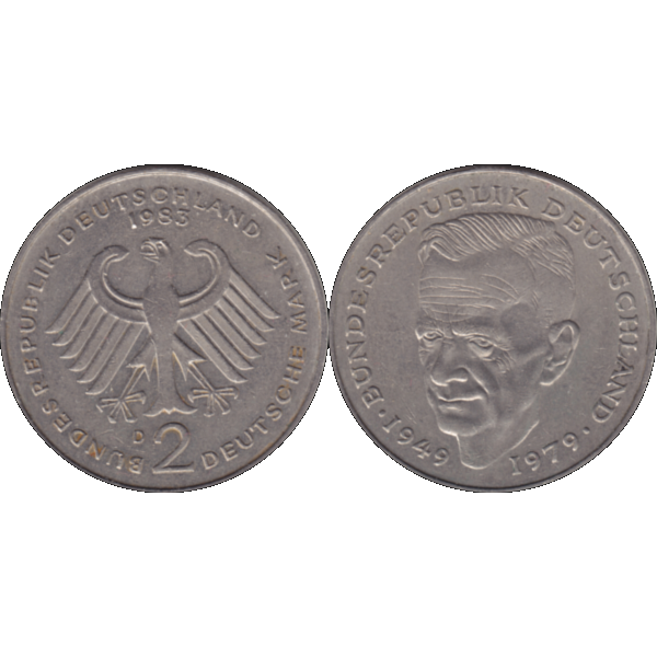 Münze der BRD Deutschland, Zwei 2 DM, Deutsche Mark Kurt Schumacher 1983 D Mzz. München RS+VS nebeneinander.png Quadratbild