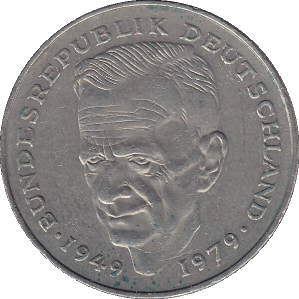Münze der BRD Deutschland, Zwei 2 DM, Deutsche Mark Kurt Schumacher 1985 J Mzz. Hamburg Rückseite.png Quadratbild