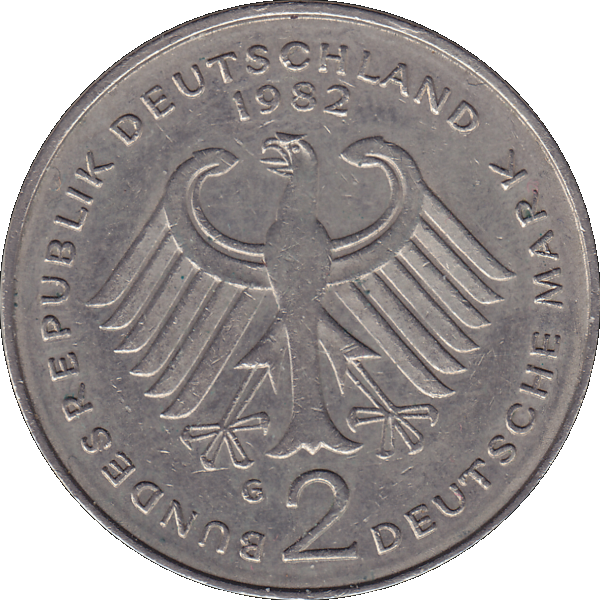 Münze der BRD Deutschland, Zwei 2 DM, Deutsche Mark Kurt Schumacher 1982 G Mzz. Karlsruhe Vorderseite.png Quadratbild