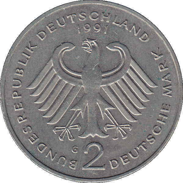Münze der BRD Deutschland, Zwei 2 DM, Deutsche Mark Kurt Schumacher 1991 G Mzz. Karlsruhe Vorderseite.png Quadratbild