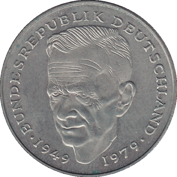 Münze der BRD Deutschland, Zwei 2 DM, Deutsche Mark Kurt Schumacher 1991 G Mzz. Karlsruhe Rückseite.png Quadratbild