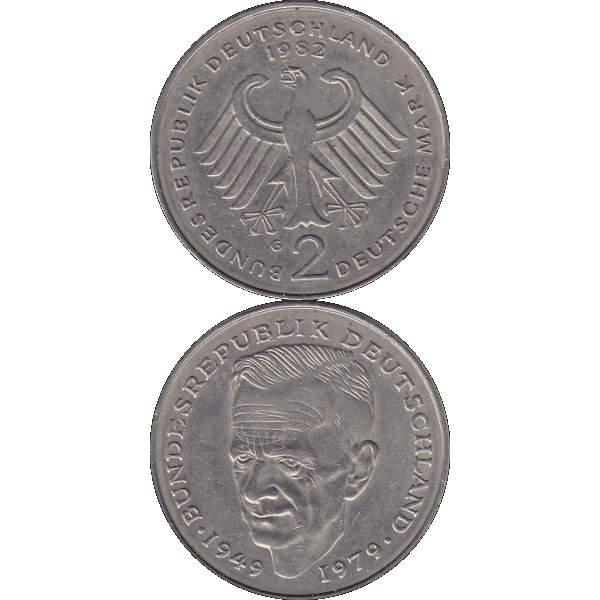Münze der BRD Deutschland, Zwei 2 DM, Deutsche Mark Kurt Schumacher 1982 G Mzz. Karlsruhe RS+VS untereinander.png Quadratbild