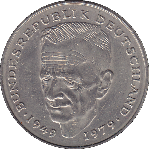 Münze der BRD Deutschland, Zwei 2 DM, Deutsche Mark Kurt Schumacher 1982 G Mzz. Karlsruhe Rückseite.png Quadratbild