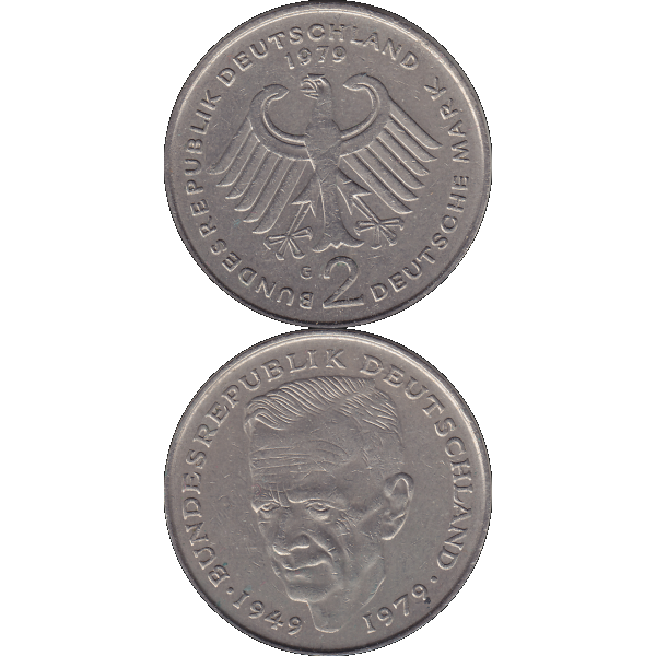 Münze der BRD Deutschland, Zwei 2 DM, Deutsche Mark Kurt Schumacher 1979 G Mzz. Karlsruhe RS+VS untereinander.png Quadratbild