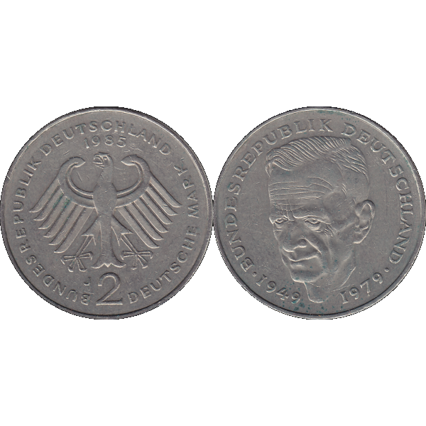 Münze der BRD Deutschland, Zwei 2 DM, Deutsche Mark Kurt Schumacher 1985 J Mzz. Hamburg RS+VS nebeneinander.png Quadratbild