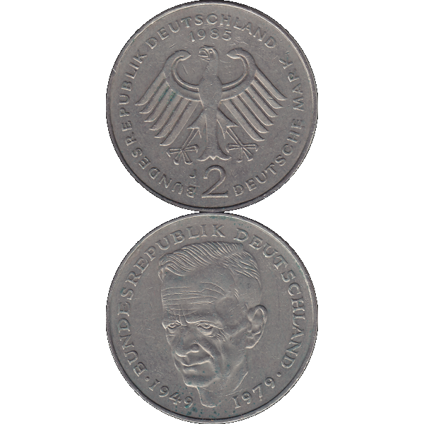 Münze der BRD Deutschland, Zwei 2 DM, Deutsche Mark Kurt Schumacher 1985 J Mzz. Hamburg RS+VS untereinander.png Quadratbild