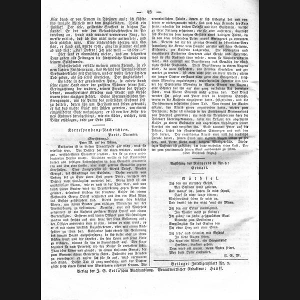 Morgenblatt 1832, Sonnabend, 14 Januar, Nr. 12, Seite 48, Korrespondenz Nachrichten.jpg Quadratbild