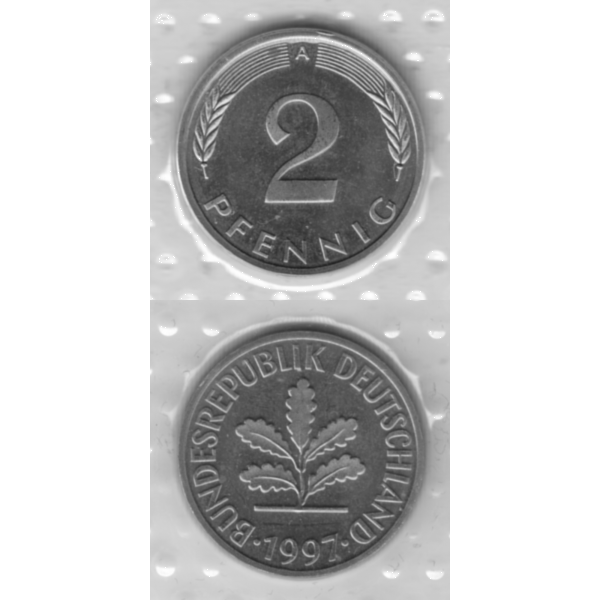BRD-Deutschland A für Berlin 1997, 2 Deutscher Pfennig, RS+VS vertikal Graustufen.png Quadratbild