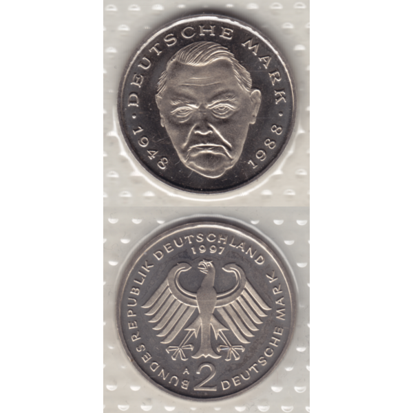BRD-Deutschland A für Berlin 1997, 2 Deutsche Mark Gedenkmünze Ludwig Erhard, RS+VS vertikal Farbe.png Quadratbild