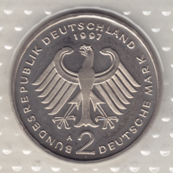 BRD-Deutschland A für Berlin 1997, 2 Deutsche Mark Gedenkmünze Ludwig Erhard Vorderseite.png Quadratbild
