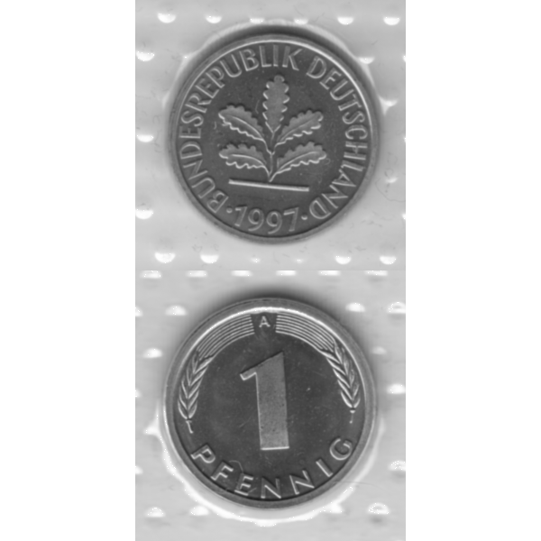 BRD-Deutschland A für Berlin 1997, 1 Deutscher Pfennig, VS+RS vertikal Graustufen.png Quadratbild