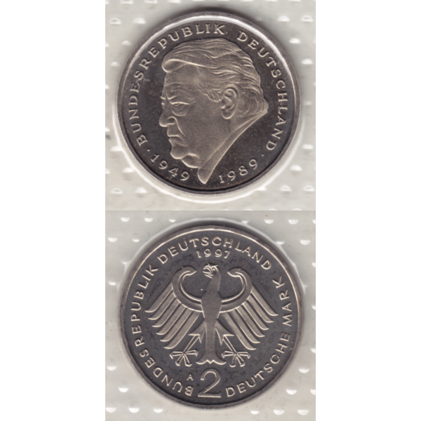 BRD-Deutschland A für Berlin 1997, 2 Deutsche Mark Gedenkmünze Franz Josef Strauß, RS+VS vertikal Farbe.png Quadratbild
