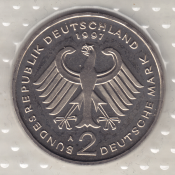 BRD-Deutschland A für Berlin 1997, 2 Deutsche Mark Gedenkmünze Franz Josef Strauß Vorderseite.png Quadratbild