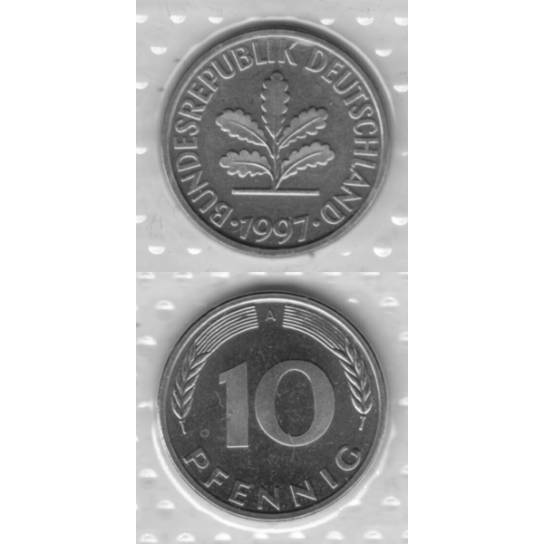 BRD-Deutschland A für Berlin 1997, 10 Deutsche Pfennige, VS+RS vertikal Graustufen.png Quadratbild
