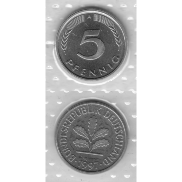 BRD-Deutschland A für Berlin 1997, 5 Deutscher Pfennig, RS+VS vertikal Graustufen.png Quadratbild