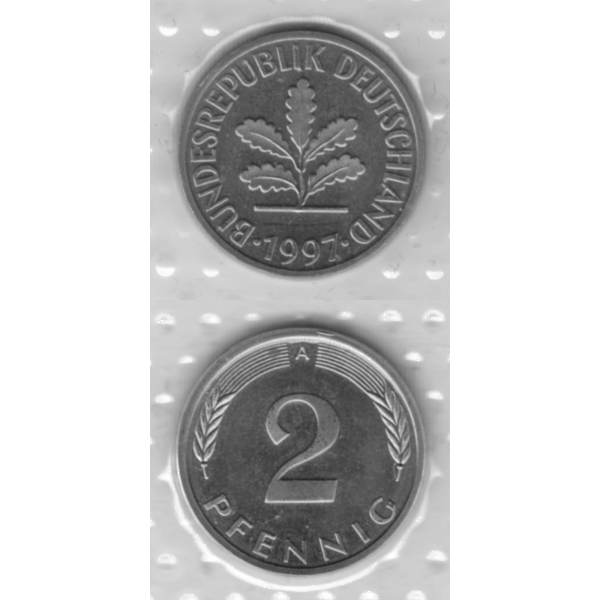 BRD-Deutschland A für Berlin 1997, 2 Deutscher Pfennig, VS+RS vertikal Graustufen.png Quadratbild
