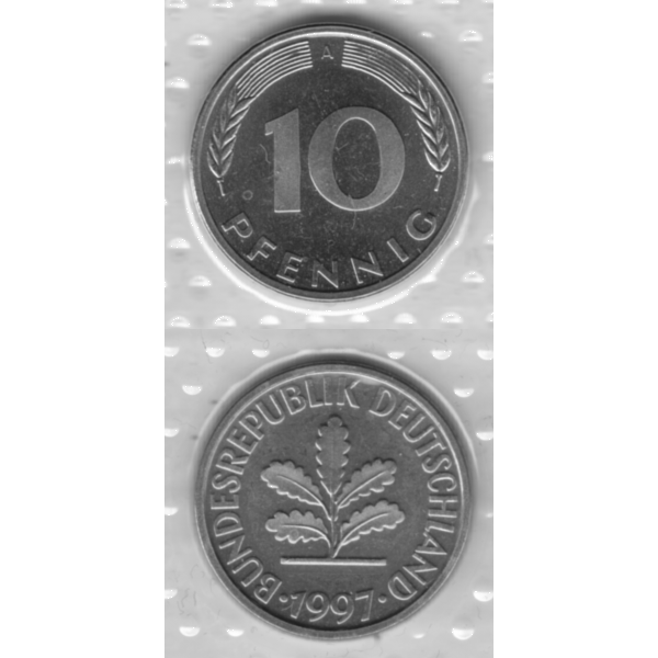 BRD-Deutschland A für Berlin 1997, 10 Deutsche Pfennige, RS+VS vertikal Graustufen.png Quadratbild