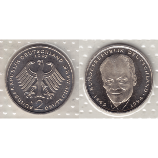 BRD-Deutschland A für Berlin 1997, 2 Deutsche Mark Gedenkmünze Willy Brandt, VS+RS horizontal Farbe.png Quadratbild