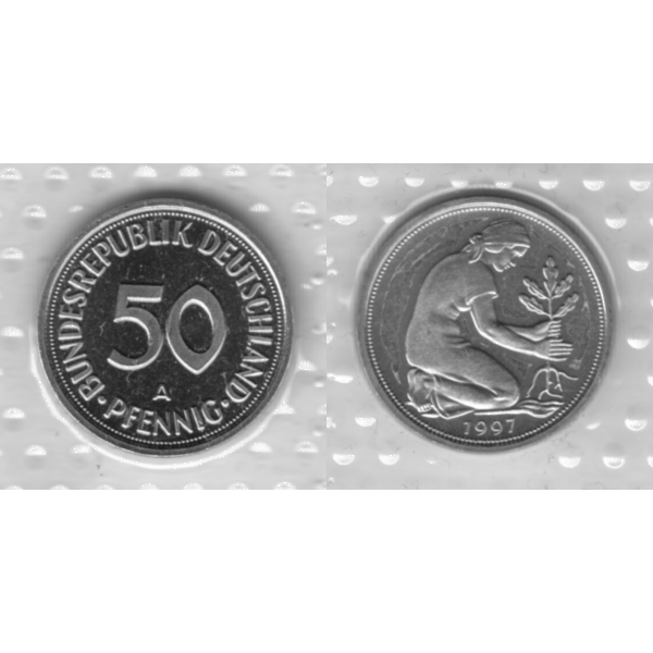 BRD-Deutschland A für Berlin 1997, 50 Deutsche Pfennige, RS+VS horizontal Graustufen.png Quadratbild