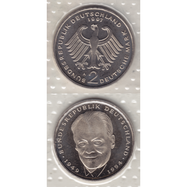 BRD-Deutschland A für Berlin 1997, 2 Deutsche Mark Gedenkmünze Willy Brandt, VS+RS vertikal Farbe.png Quadratbild