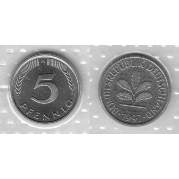 BRD-Deutschland A für Berlin 1997, 5 Deutscher Pfennig, RS+VS horizontal Graustufen.png Quadratbild